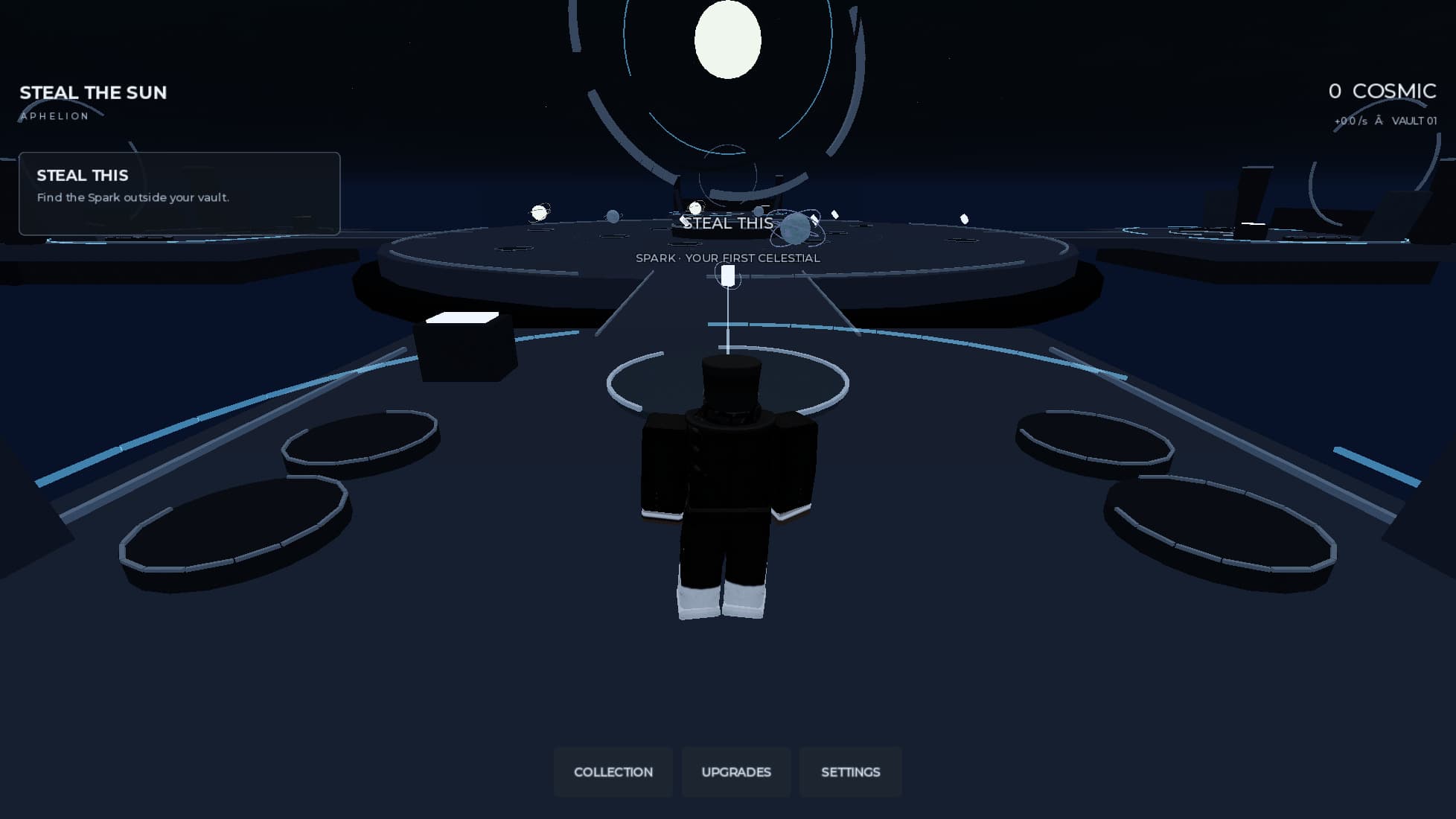 Real gameplay from STEAL THE SUN: a player approaches the center of the orbital arena.