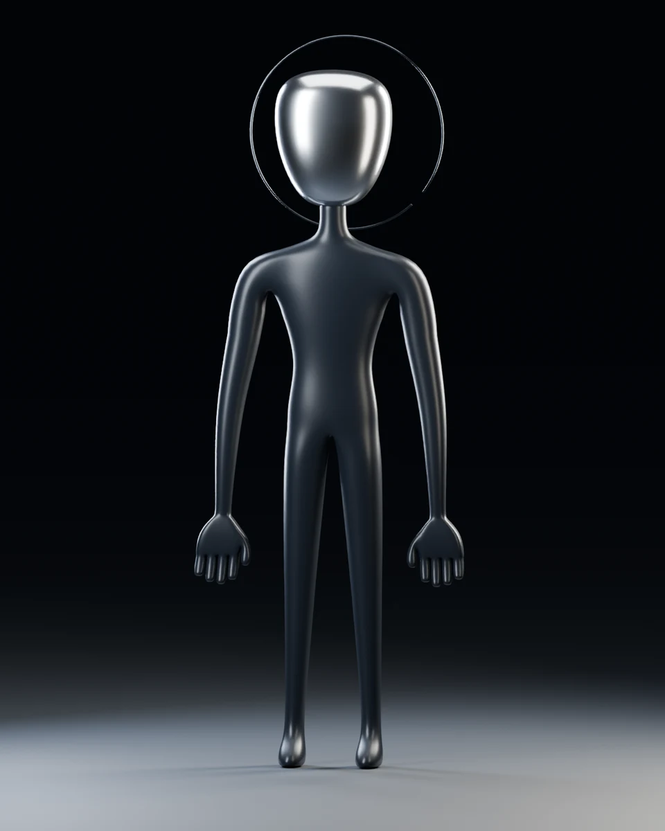 APHELION's silver character, with a featureless face and broken halo.