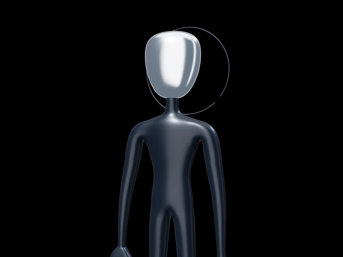APHELION's silver character, with a featureless face and broken halo.