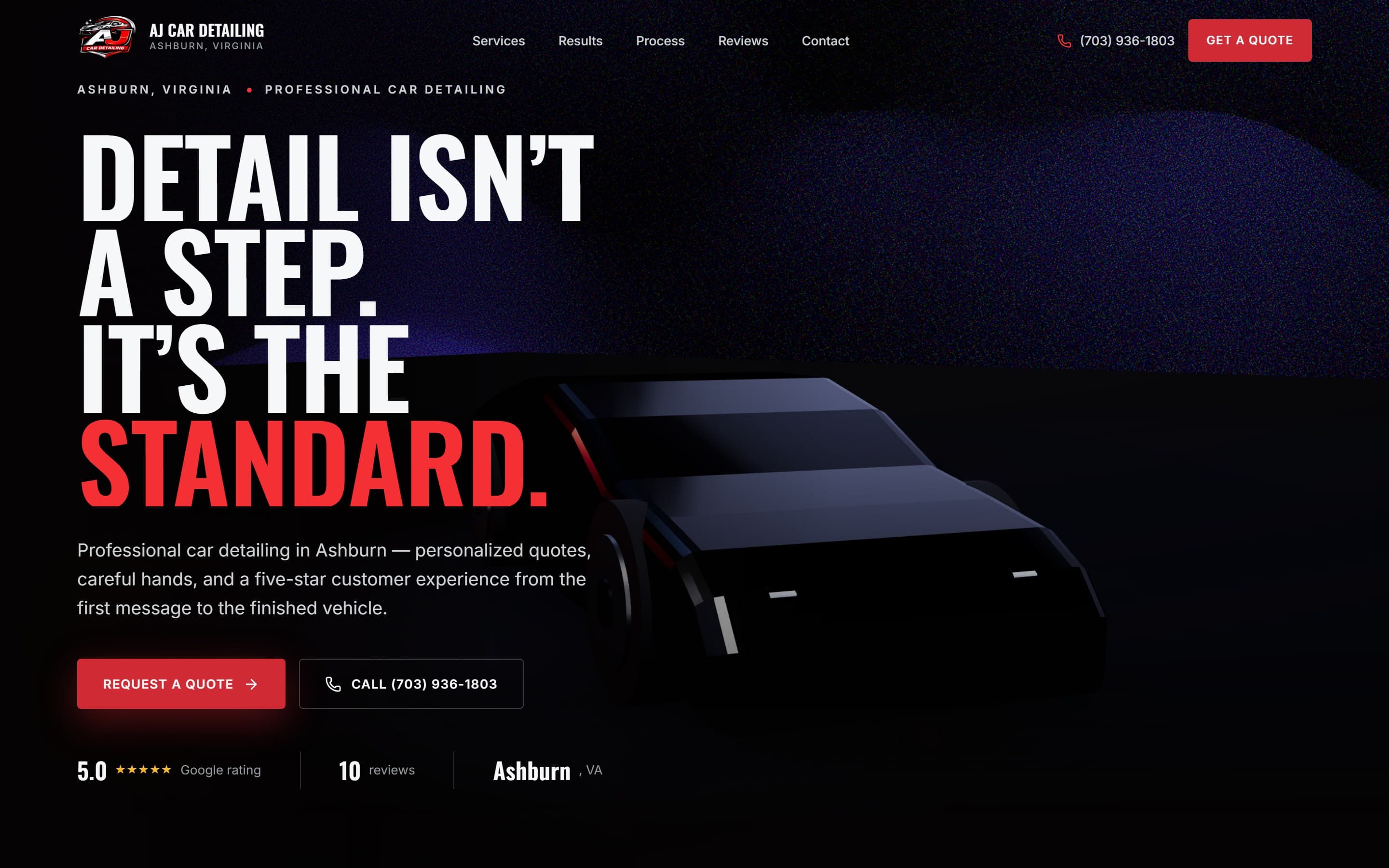 AJ Car Detailz: a near-black automotive site, the headline Detail isn't a step. It's the standard, with a dark vehicle rendering and a red request-a-quote action.
