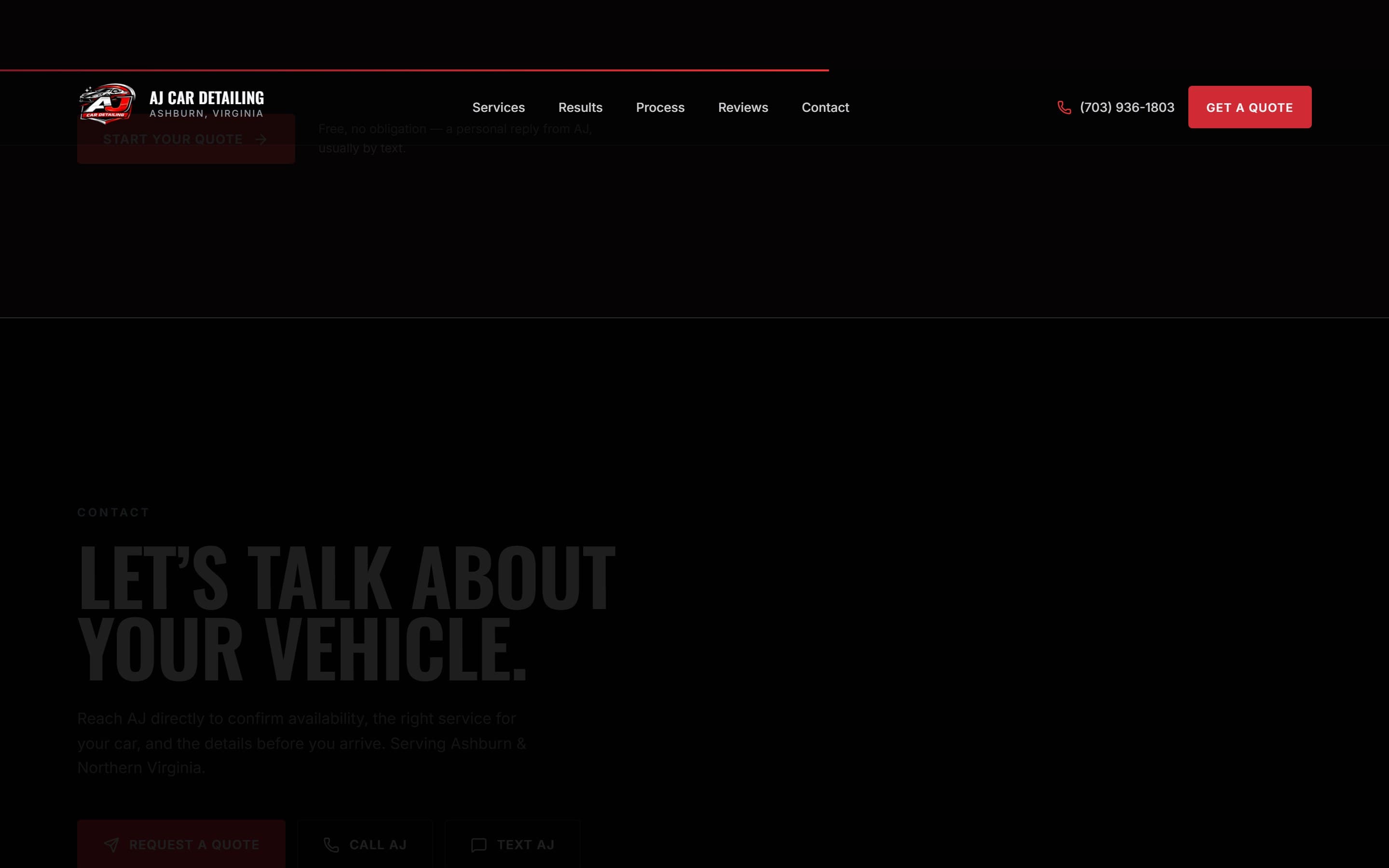 The AJ Car Detailz quote request: fields for the vehicle's year, make and model, the service needed, and its condition.