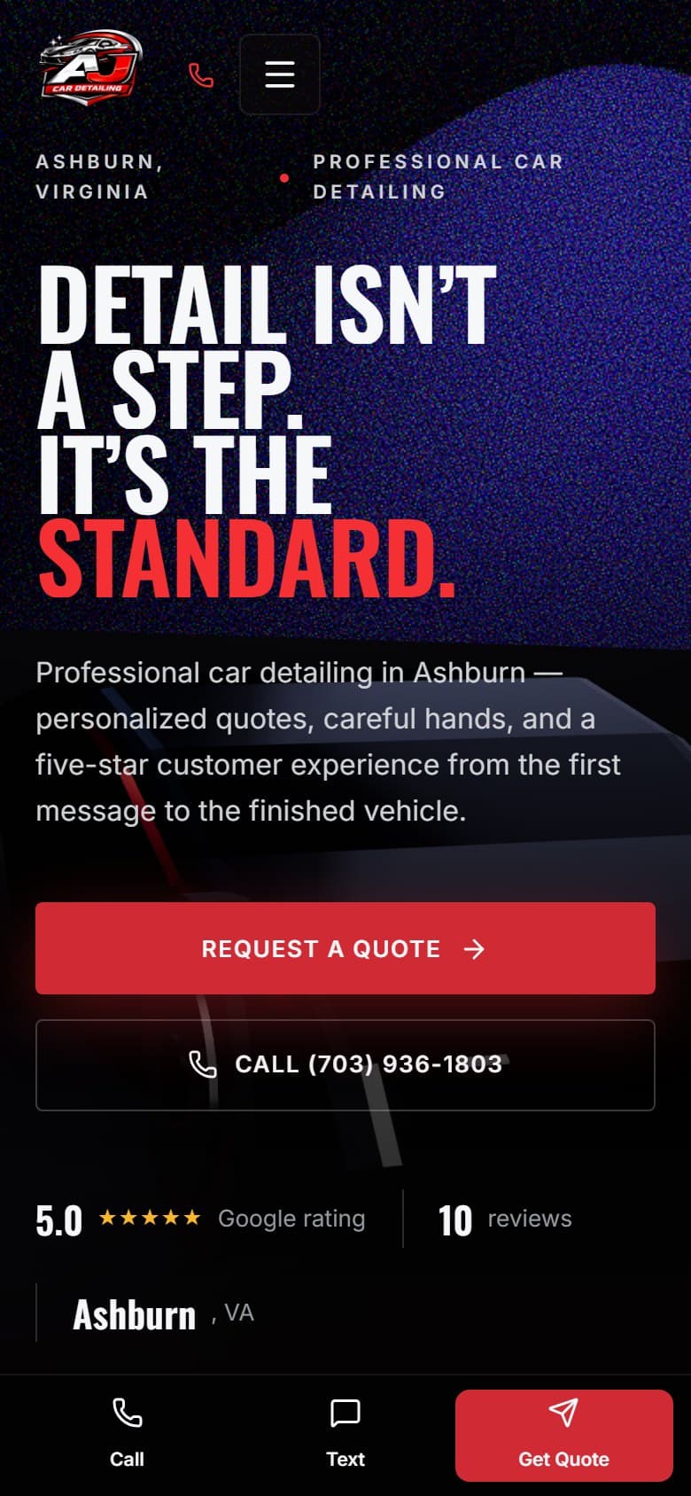 AJ Car Detailz on a phone: the same headline and quote action at a narrow measure.