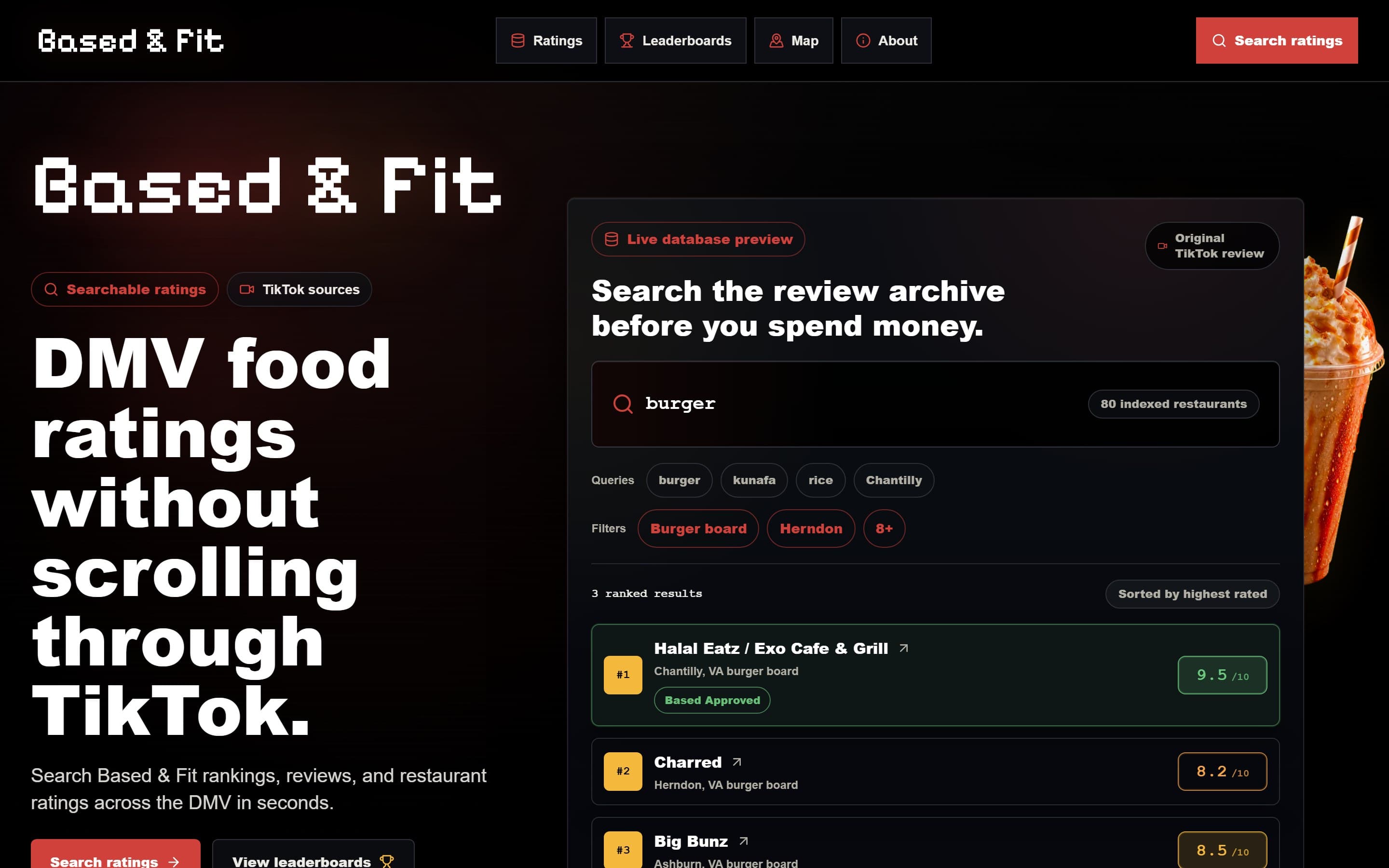 Based & Fit: a dark ratings interface with a live search panel, filter chips and ranked results scored out of ten.