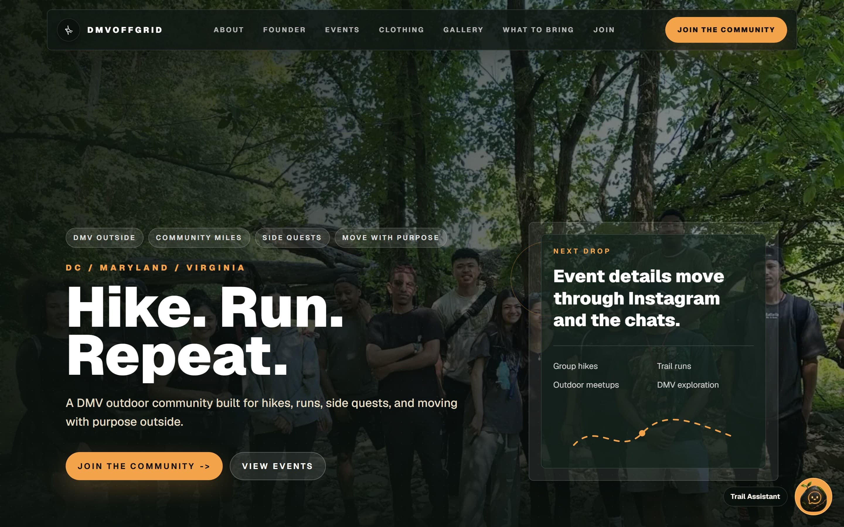 DMVOFFGRID: a full-bleed photograph of the community on a wooded trail, with the headline Hike. Run. Repeat. across it.